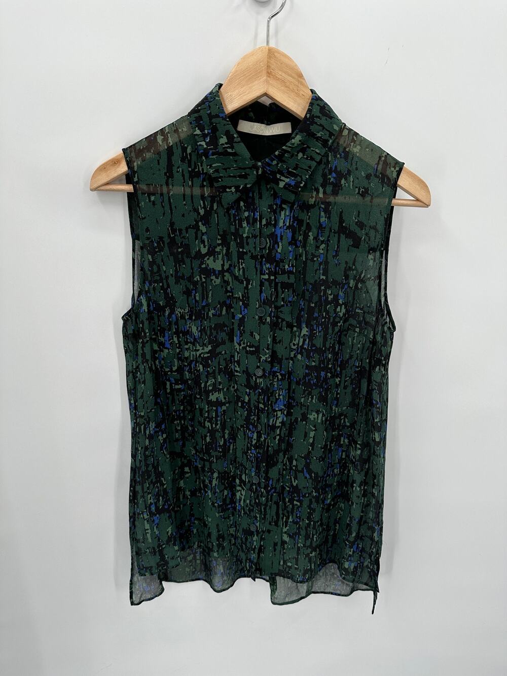 JASON WU 100% Silk Collared Green Print Button Up Sleeveless Blouse Top // 6